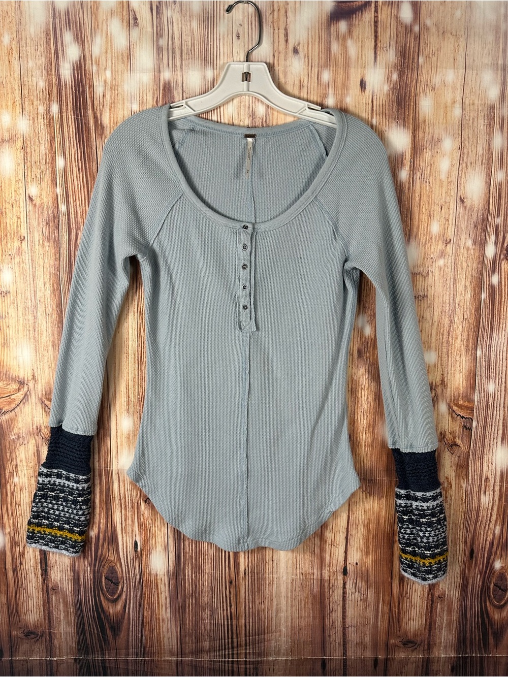 Free People Ski Lodge Cuff Thermal Henley Lake Blue Combo Size Medium Boho
